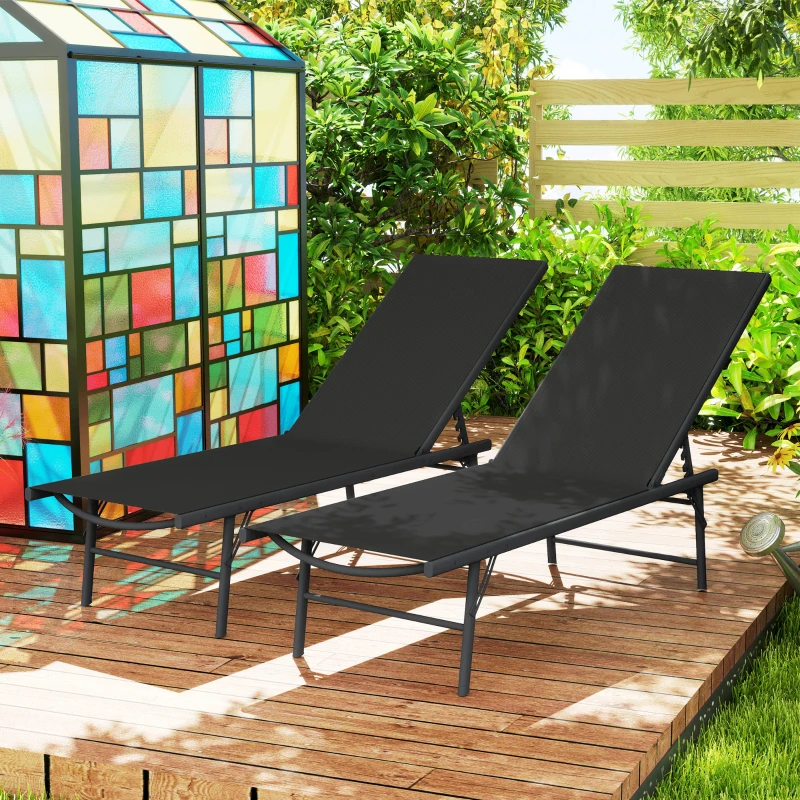 Outsunny Lot de 2 bain de soleil chaise longue pliante textilène transat jardin extérieur inclinable 54 x 164 x 84 cm noir
