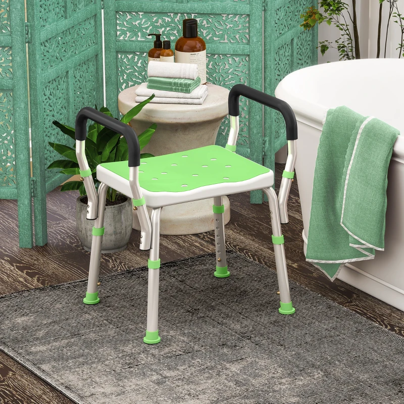 HOMCOM Sgabello Doccia in Alluminio ad Altezza Regolabile con Braccioli e Piedini Antiscivolo, Verde