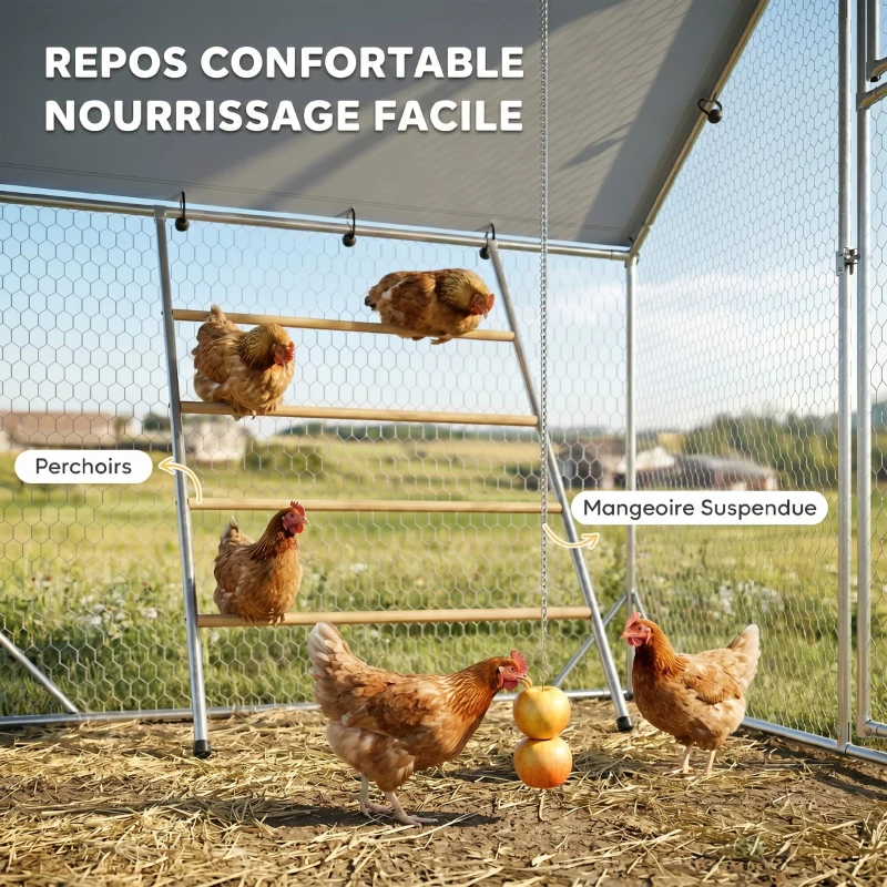 PawHut Enclos poulailler extérieur parc grillagé 6 m² avec perchoir et mangeoire acier galvanisé Ø25mm 300x200x195cm argent