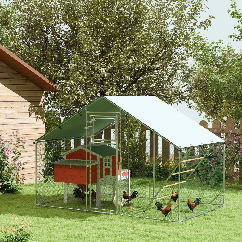 PawHut Enclos poulailler extérieur parc grillagé 6 m² avec perchoir et mangeoire acier galvanisé Ø25mm 300x200x195cm argent