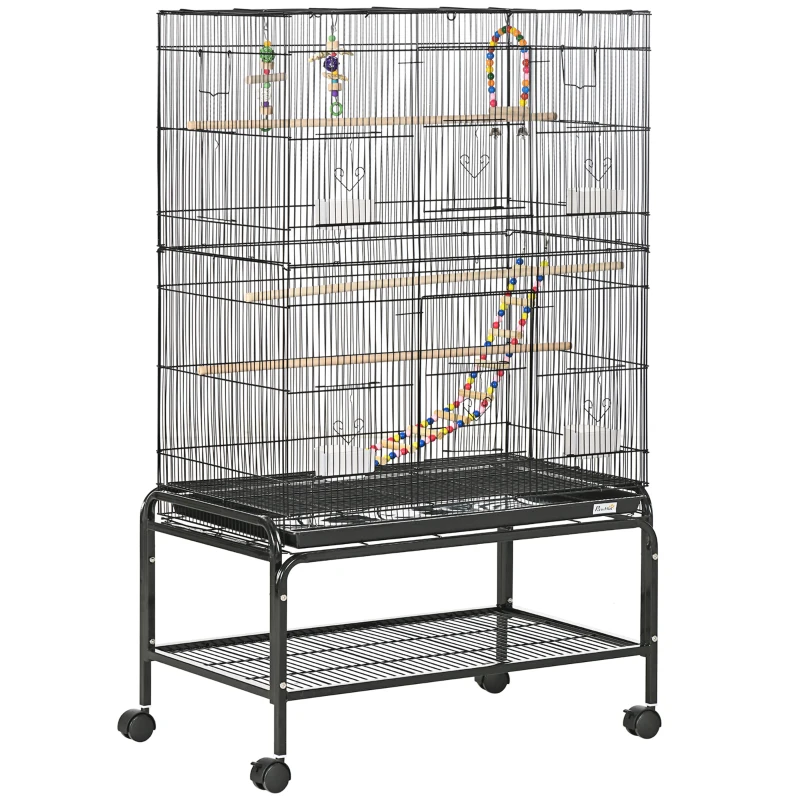 PawHut Jaula para Pájaros con Ruedas 79x49x133 cm Pajarera Metálico con 4 Comederos 3 Perchas Juguetes para Periquitos Negro