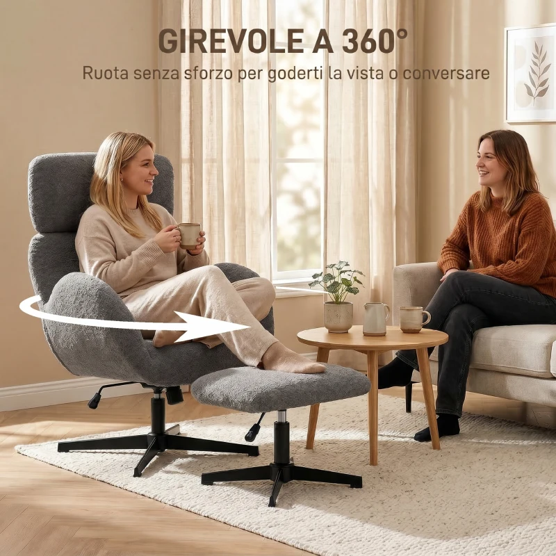 HOMCOM Poltrona Girevole con Poggiapiedi, Regolabile in Altezza con Poggiatesta Regolabile, Funzione Dondolo, Grigio