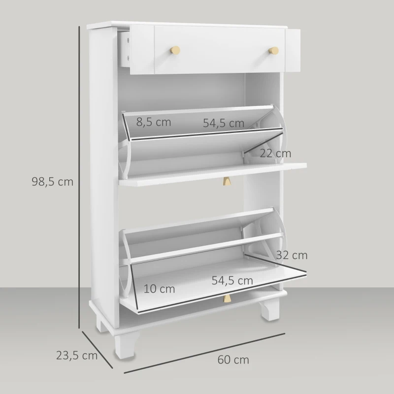 HOMCOM Scarpiera Salvaspazio Slim con 2 Ante a Ribalta, Scarpiera Ingresso con Ripiani Regolabili, Cassetto, Base Rialzata, Bianco