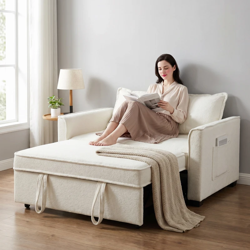 HOMCOM Sofá-Cama 2 Lugares 3 em 1 com Encosto Ajustável Bolsos Laterais 2 Almofadas para Sala Creme