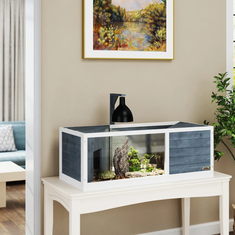 PawHut Casa para tartarugas recinto com teto abrível suporte para lâmpada bandeja janela panorâmica 120 x 50 x 40 cm cinza