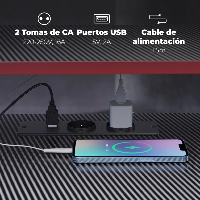 HOMCOM Escritorio Esquinero con Enchufes en Forma de L 128x128 cm con Soporte para Monitor Gancho y Portavasos Negro