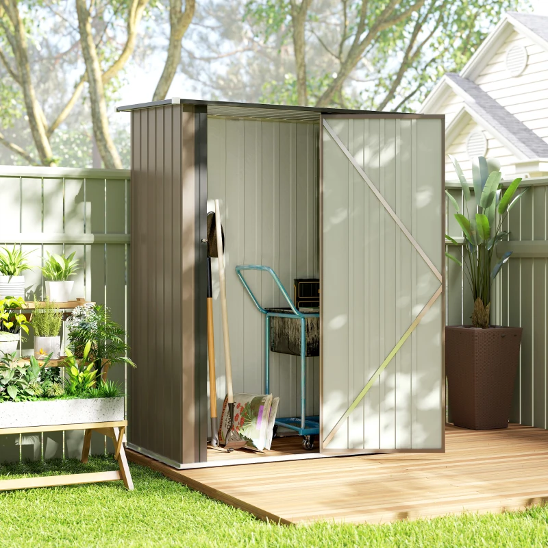 Outsunny Capanno Porta Attrezzi in Metallo con Tetto Inclinato e Porta Bloccabile, 142x86x189 cm, Marrone