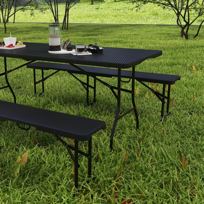 Outsunny Conjunto de mesa dobrável e bancos para piquenique 180 cm com alças de transporte, mesa e banco dobráveis efeito rattan preto