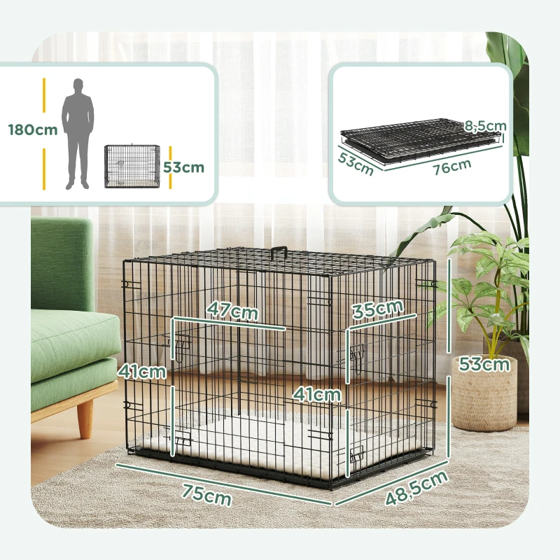 PawHut Hundekäfig klappbar Hundebox mit 2 Türen, Transportkäfig mit ausziehbare Bodenschale Kissen 75 x 48,5 x 53 cm Schwarz