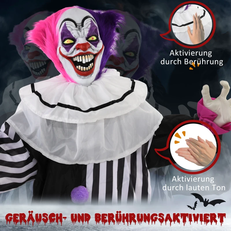 HOMCOM Griezel-Clown Halloween Decoratie, beweegbaar, Lachfunctie, Roze+Paars