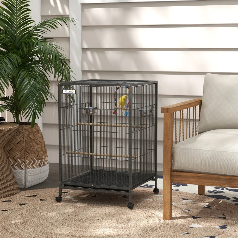 PawHut Cage oiseau sur pied cage sur roulettes avec balançoire, perchoirs et plateau coulissant 48 x 46 x 78 cm en acier noir