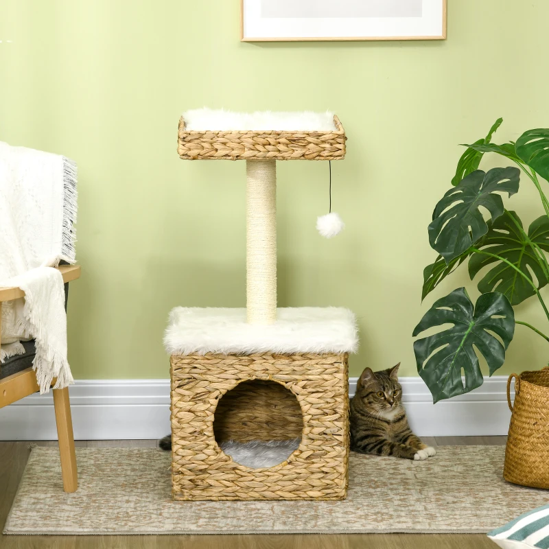 PawHut Árvore para gatos 2 níveis com 1 toca 1 poste em sisal 1 plataforma de observação e 1 pompom suspenso jacinto-de-água