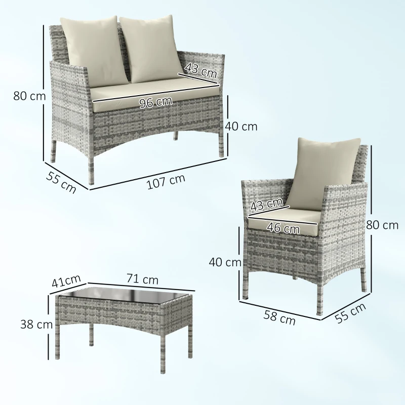 Outsunny Set Salotto da Giardino 4 Pezzi in Rattan con Divano a 2 Posti, 2 Sedie, Tavolino da Caffè, Grigio