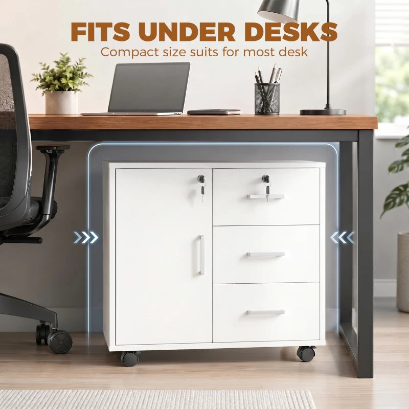 HOMCOM Caisson bureau meuble de rangement verrouillable avec 3 tiroirs et étagère réglable, roulettes, 40 x 60 x 56 cm, blanc