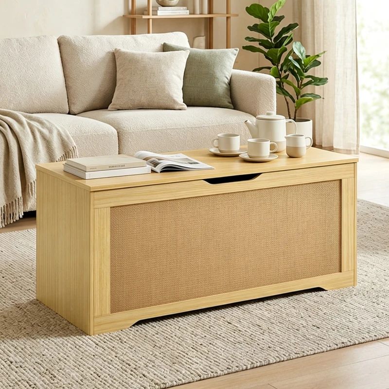 HOMCOM Baúl de Almacenaje 136L Banco de Almacenaje con Panel de Ratán Tapa Brazos de Soporte para Recibidor 100x40x45cm Roble