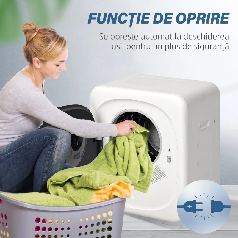 HOMCOM Mini Uscător de Rufe Portabil 4 kg, 5 Programe, 800W, Încărcare Frontală, Tambur Inox, pentru Acasă, Alb