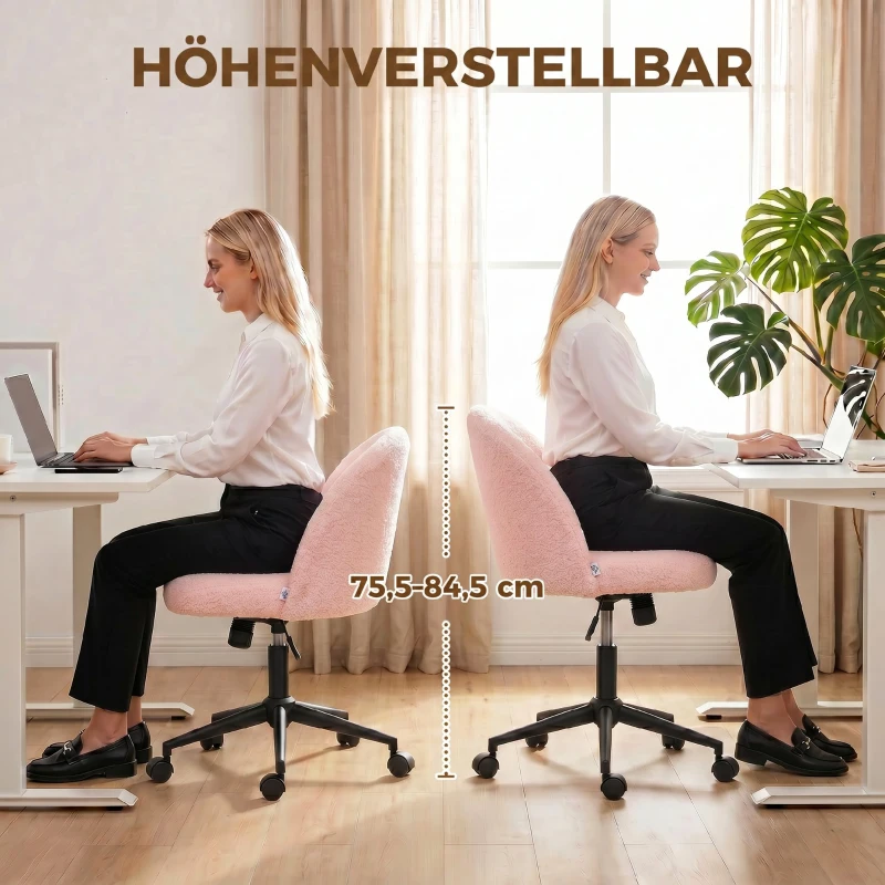 HOMCOM Draaibare bureaustoel van teddy-fleece, in hoogte verstelbaar, met wielen, comfortschuim, roze