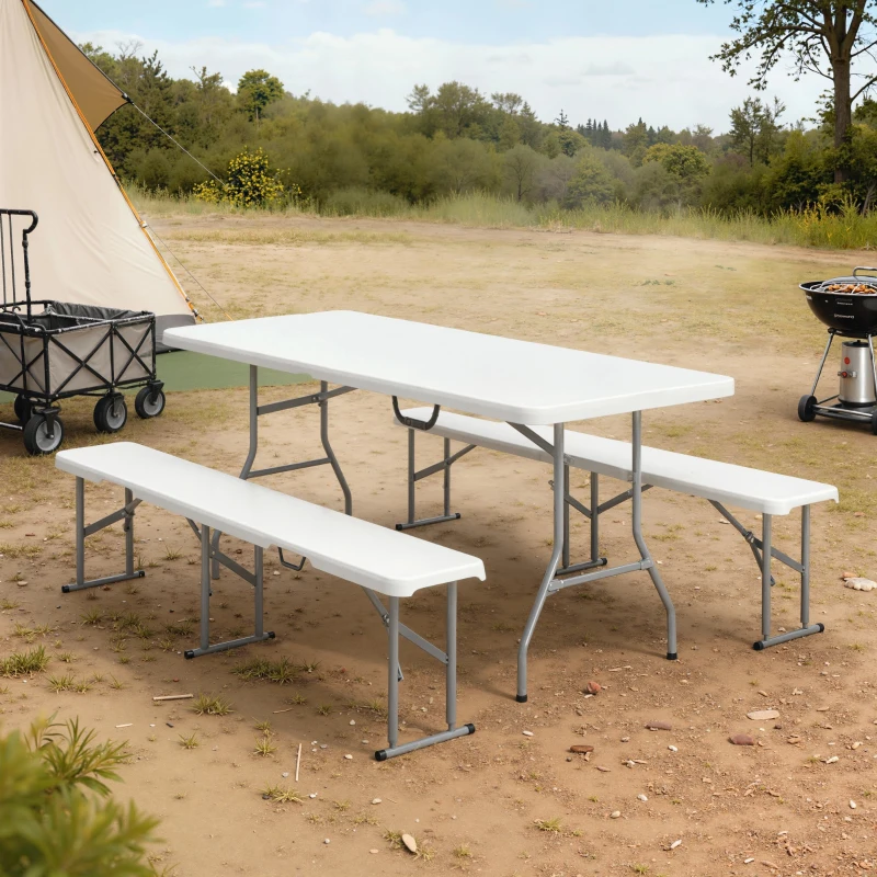 Outsunny Ensemble table pliante et bancs de pique-nique 180 cm avec poignées de transport, blanc