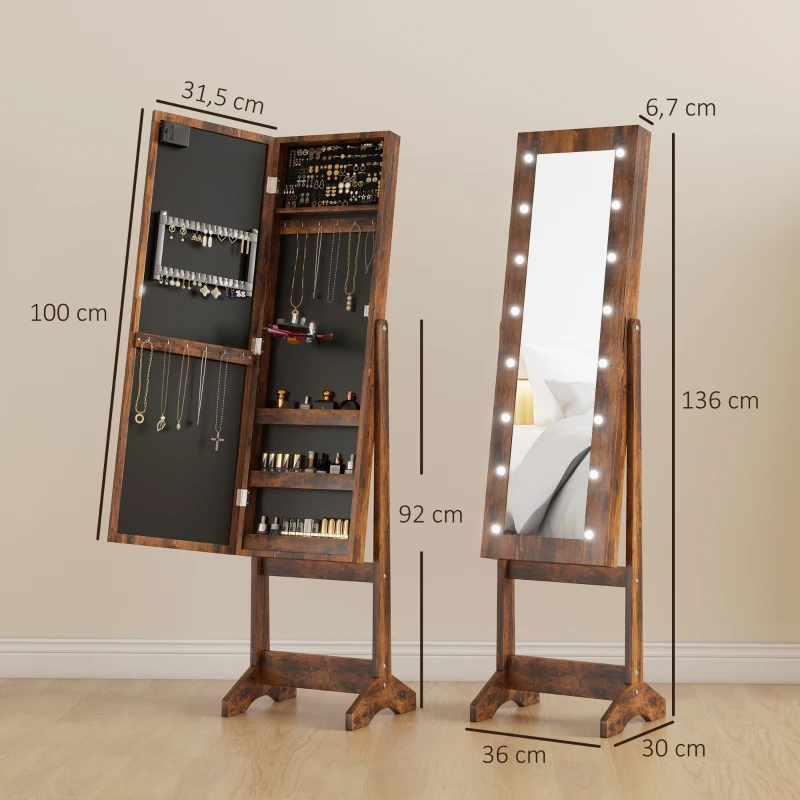 HOMCOM Schmuckschrank mit verstellbarem Spiegel und LED-Beleuchtung 36x30x136 cm Rustikales Braun
