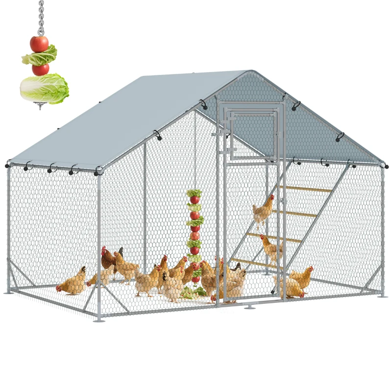 PawHut Enclos poulailler extérieur parc grillagé 6 m² avec perchoir et mangeoire acier galvanisé Ø25mm 300x200x195cm argent
