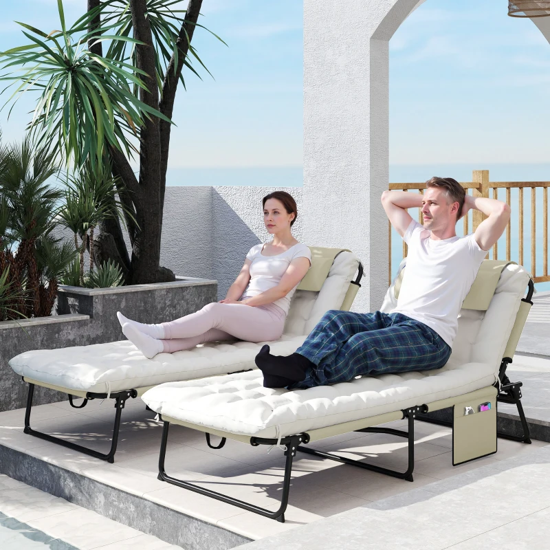 Outsunny Lot de 2 transats bains de soleil pliable avec dossier inclinable 4 positions - appui-tête et matelas épais beige