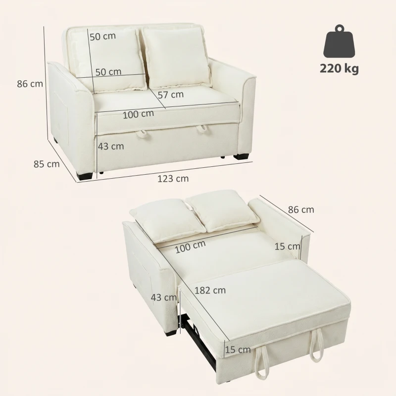 HOMCOM Sofá-Cama 2 Lugares 3 em 1 com Encosto Ajustável Bolsos Laterais 2 Almofadas para Sala Creme