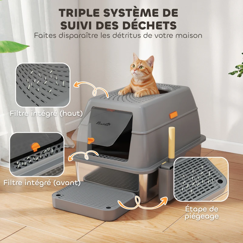 PawHut Bac à litière fermé maison de toilette pour chat acier inoxydable couvercle marche anti-dispersion 60x40x38cm gris foncé