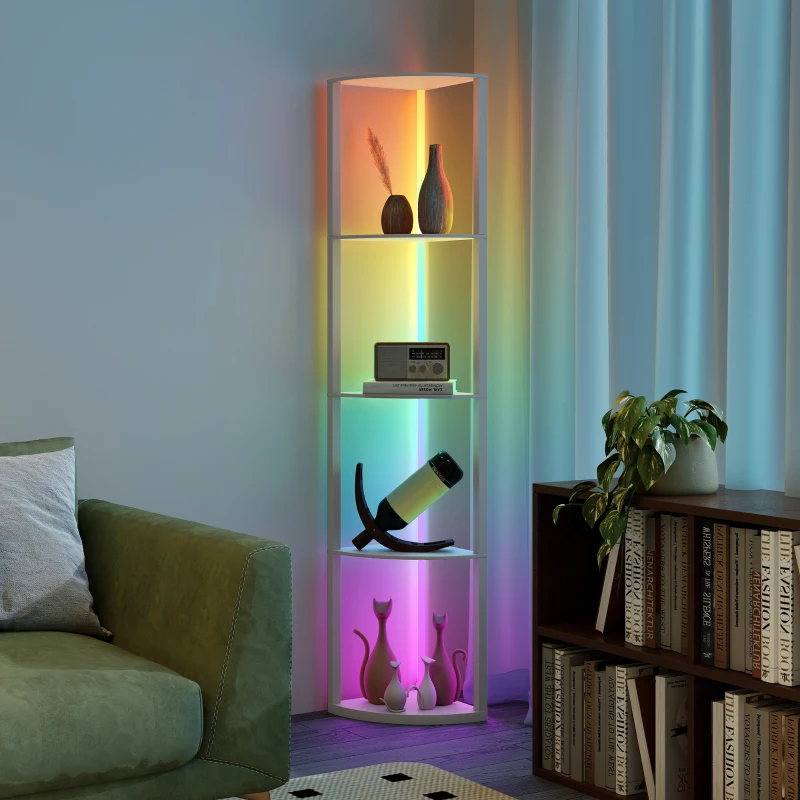 HOMCOM RGB LED Floor Lamp with Shelves, 4-Tier Dimmable Standing Lamp with Adjustable Brightness and Remote Control, Modern Corner Display Shelf Unit for Living Room Bedroom Office, Grey