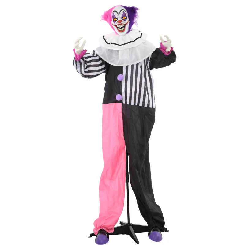HOMCOM Griezel-Clown Halloween Decoratie, beweegbaar, Lachfunctie, Roze+Paars