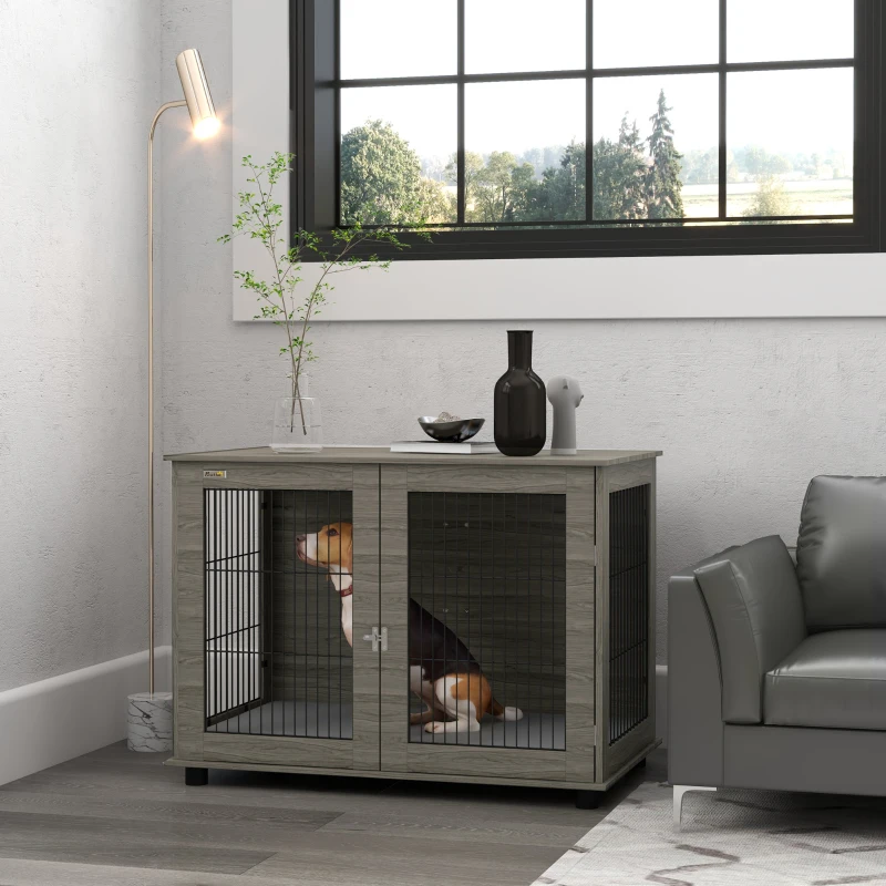 PawHut Gaiola para cão 2 em 1 mesa de apoio com almofada de pelúcia removível porta com fecho 100 x 60 x 73,5 cm cinza