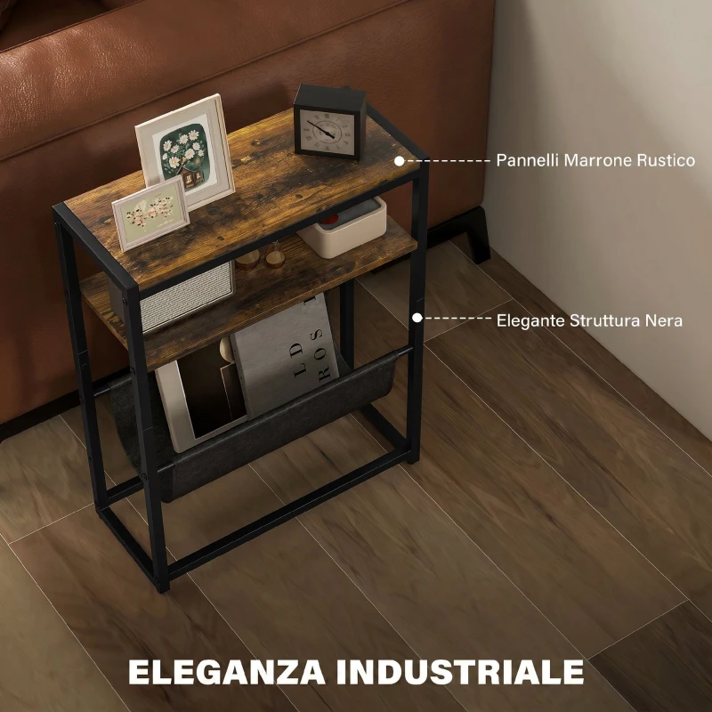 HOMCOM Tavolino Stretto, Tavolino Industriale con 3 Ripiani, Porta Riviste a Forma di V, Comodino per Soggiorno, Piccoli Spazi, Marrone Rustico