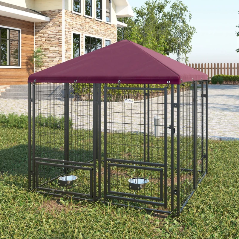 PawHut Chenil extérieur pour chiens tissu oxford avec 2 supports de bol rotatifs 8 panneaux toit imperméable 141 x 141 x 153 cm