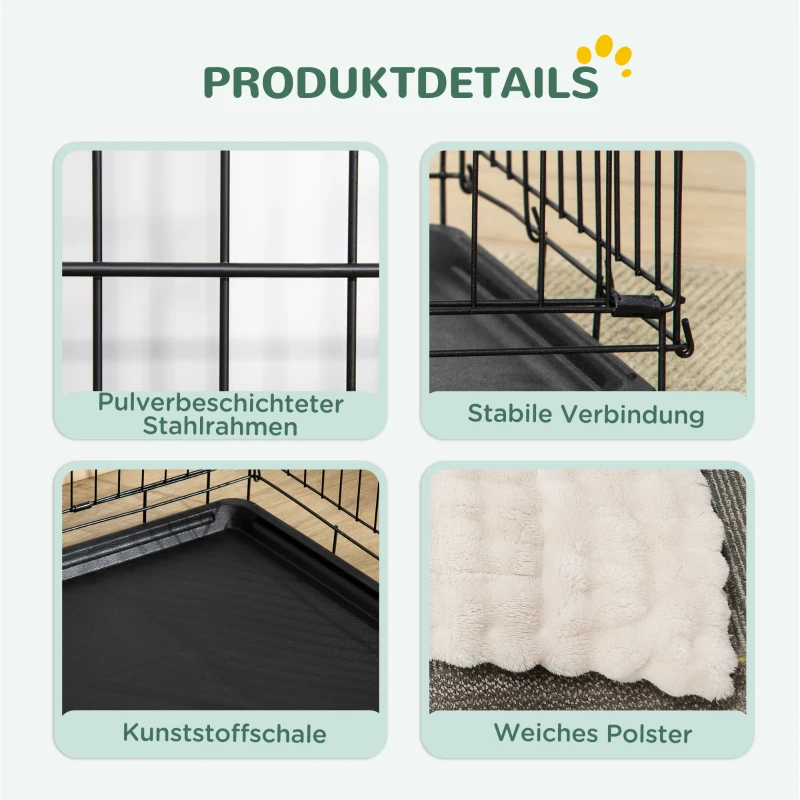 PawHut Hundekäfig klappbar Hundebox mit 2 Türen, Transportkäfig mit ausziehbare Bodenschale Kissen 75 x 48,5 x 53 cm Schwarz