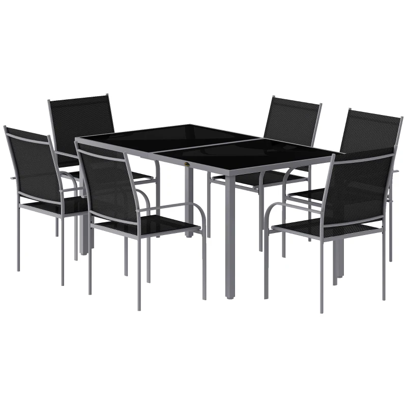 Outsunny 7 Piece Outdoor Garden Dining Set with Table and 6 Stackable Chairs, Steel Frame, Tempered Glass Top, Mesh Seats, Black