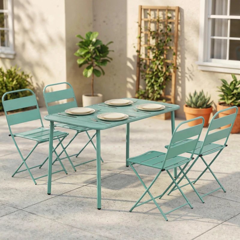 Outsunny Ensemble de Salle à Manger d'Extérieur 5 Pièces, Ensemble de Jardin pour 4 Personnes avec Plateau à Lattes et Chaises Pliantes, Vert Clair