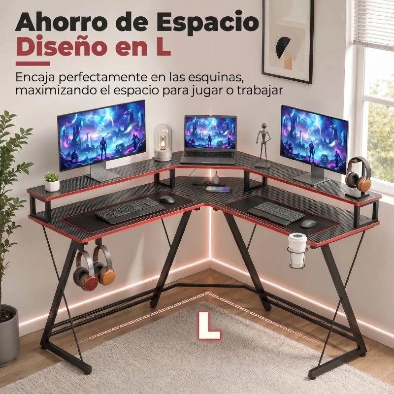 HOMCOM Escritorio Esquinero con Enchufes en Forma de L 128x128 cm con Soporte para Monitor Gancho y Portavasos Negro