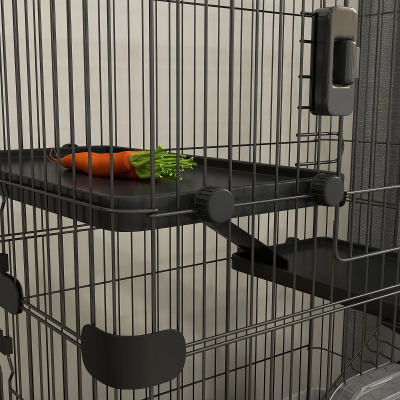 PawHut Gaiola para pequenos animais com rodízios 3 plataformas removíveis 3 rampas bandeja inferior removível metal PP preto