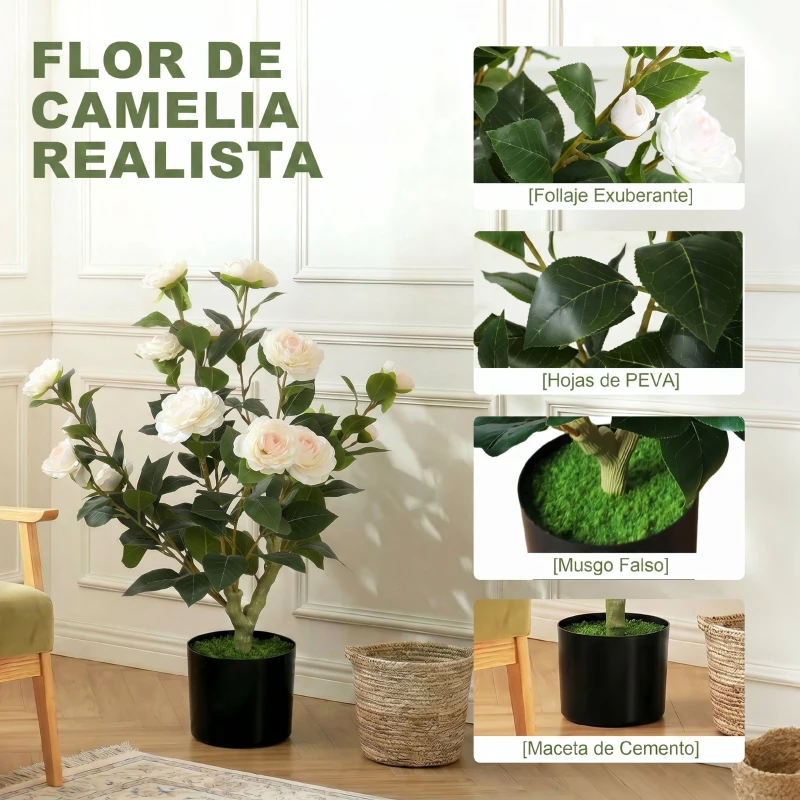 HOMCOM Planta Artificial de Camelia 65cm Árbol Artificial en Maceta con Flores de Seda Realistas 116 Hojas Efecto Musgo Blanco