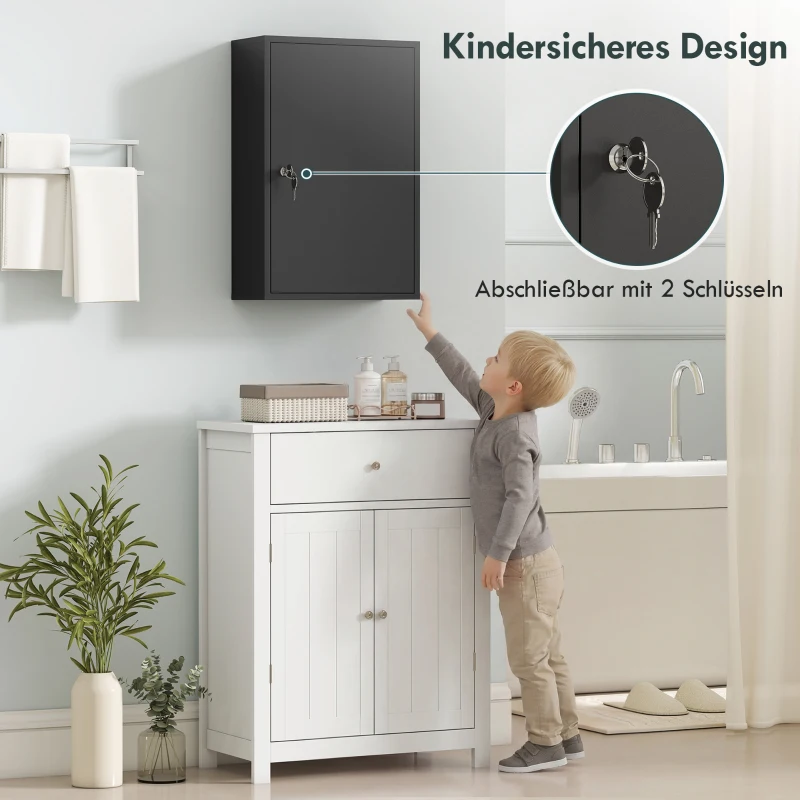 kleankin Wand-Medizinschrank, Badezimmerschrank mit 3 Regalböden, 2 Schlüsseln, 40 x 18 x 60 cm, Schwarz