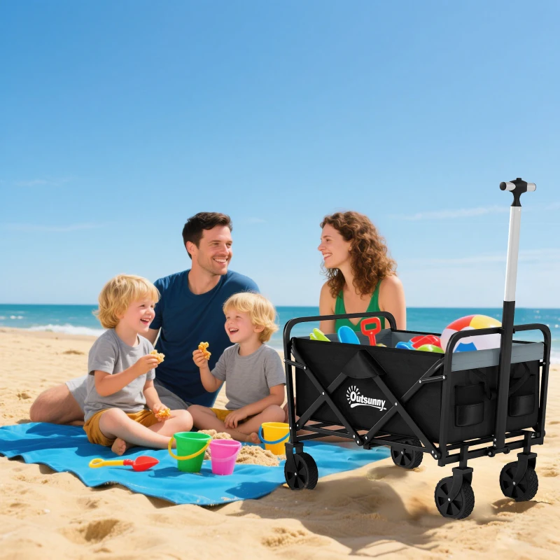 Outsunny Carro de Jardín Plegable con 4 Ruedas Longitud y Ángulo del Mango Ajustables Capacidad 70 L 77x50x63-93 cm Negro