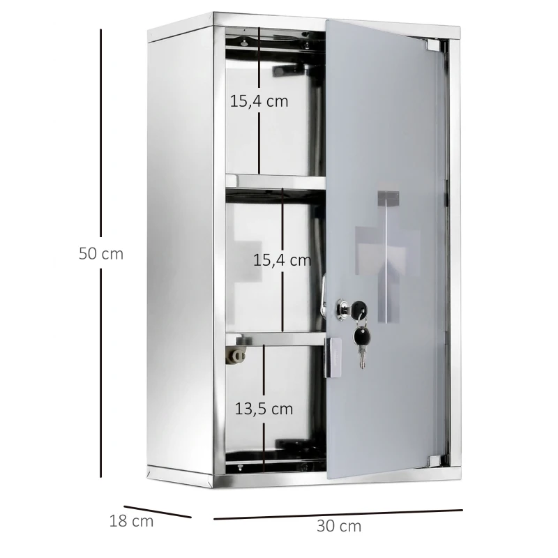 HOMCOM Armoire à pharmacie murale à 3 niveaux en acier inoxydable avec porte verrouillable en verre avec 2 clés