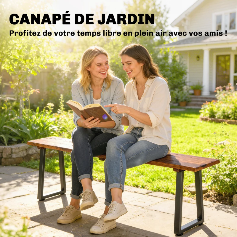 Outsunny Banc de Jardin en Bois Sans Dossier en Bois, Pieds trapézoïdaux en acier, 2 Places à Effet Bois, 150x28x48cm, Carbonisé