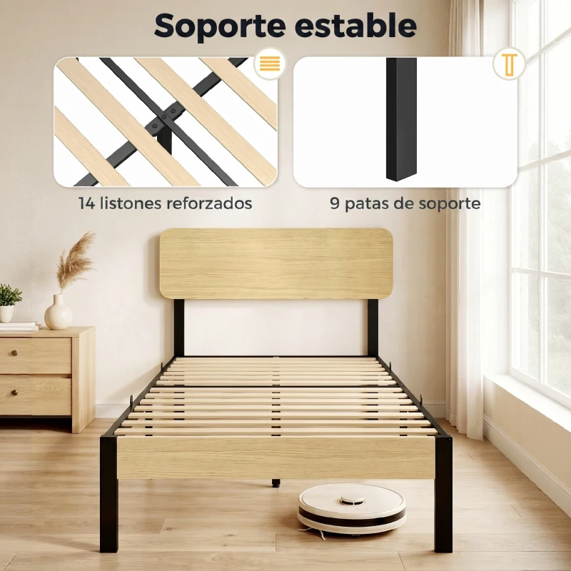 HOMCOM Estructura de Cama 90x200 cm con Cabecero y Piecero Base de Colchón con Space de Almacenamiento