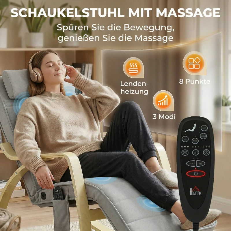 HOMCOM Schaukelstuhl mit Massage, Heizung, Kopfstütze & Fußstütze, Samtbezug, Relaxsessel, Hellgrau