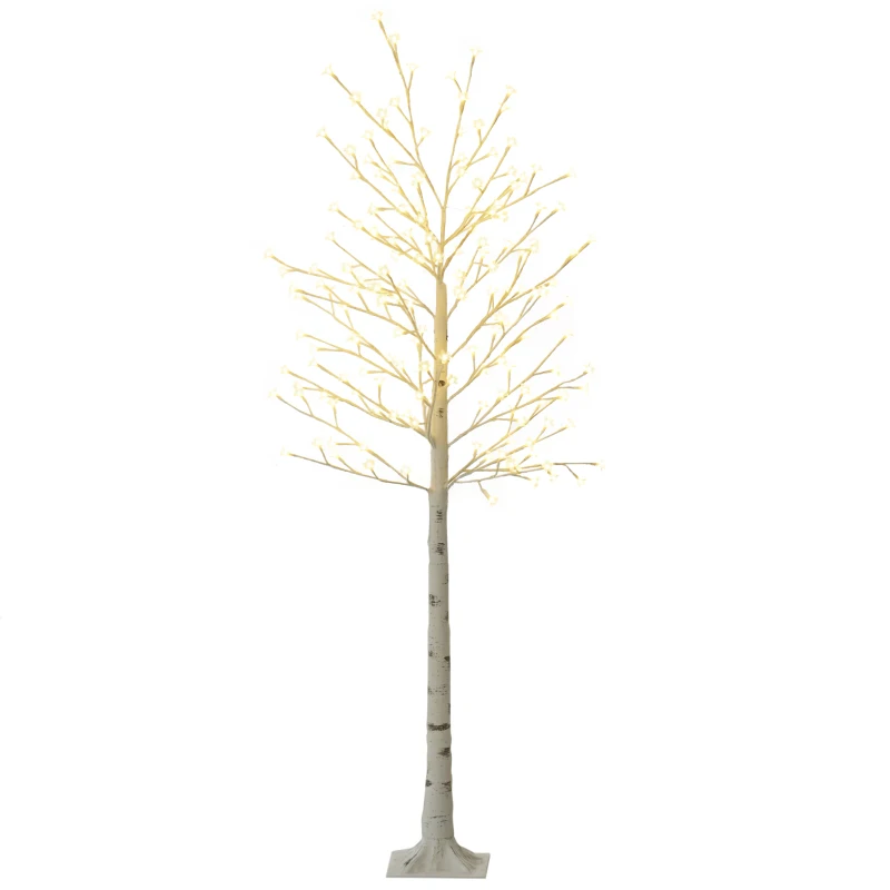 HOMCOM Kunstboom, Kunstberk met 180 LEDs, 3 Helderheidsniveaus, Warm Wit, Realistische Schors, 21,5 x 21,5 x 180 cm(m-11)