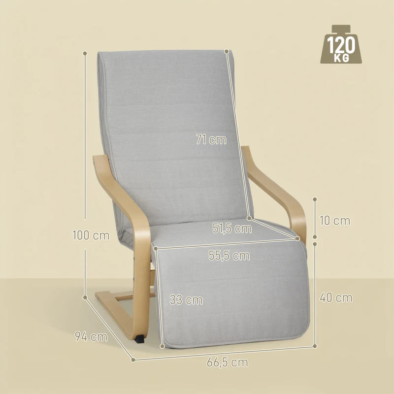 HOMCOM Poltrona Camera da Letto in Legno di Betulla e Tessuto Effetto Lino con Poggiapiedi Regolabile, Grigio Chiaro