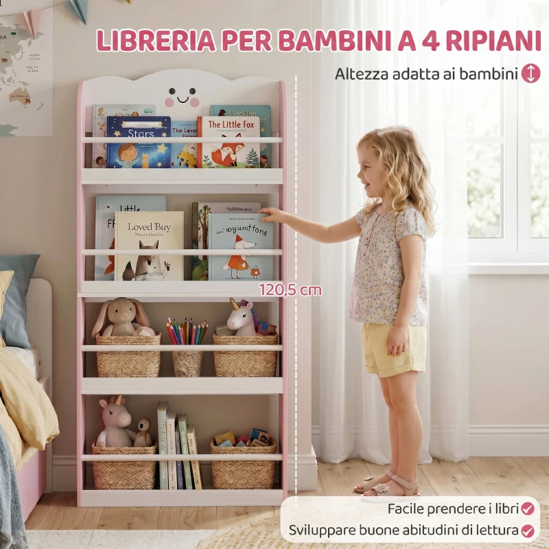 AIYAPLAY Libreria Montessoriana per Bambini 3-6 Anni con Tema Zucchero Filato, 4 Ripiani in Legno, per Cameretta, Rosa
