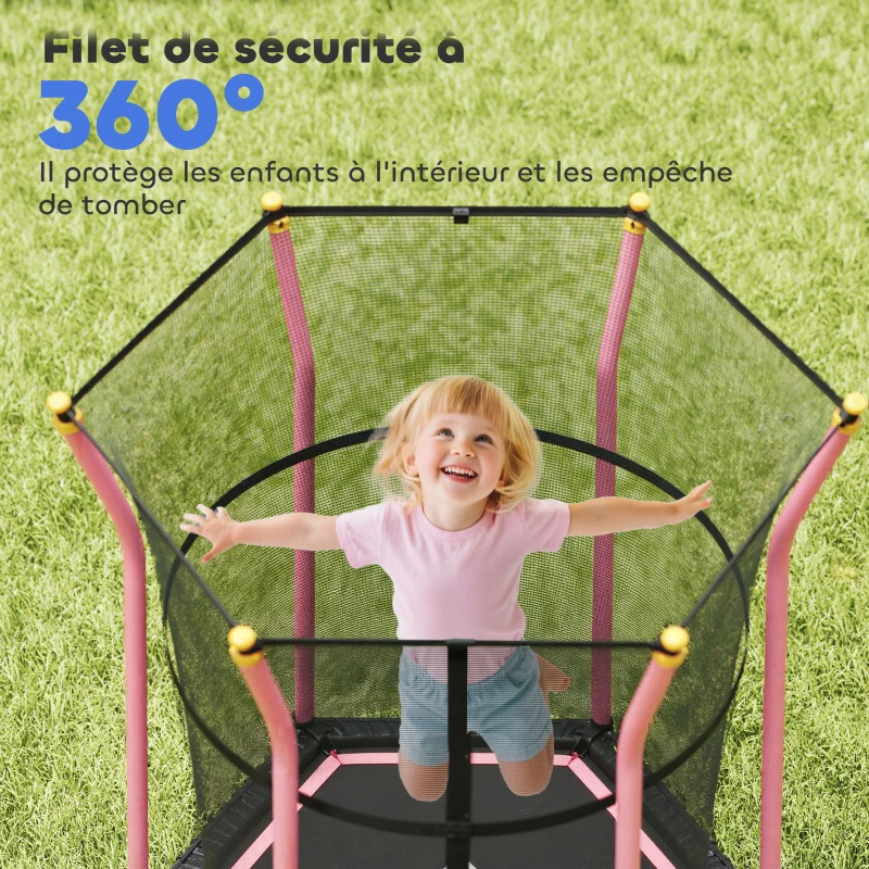 HOMCOM Trampoline pour enfant 1,22 x 1,11 x 1,9 m filet de sécurité porte zippée 6 poteaux rembourrés inclus rose noir