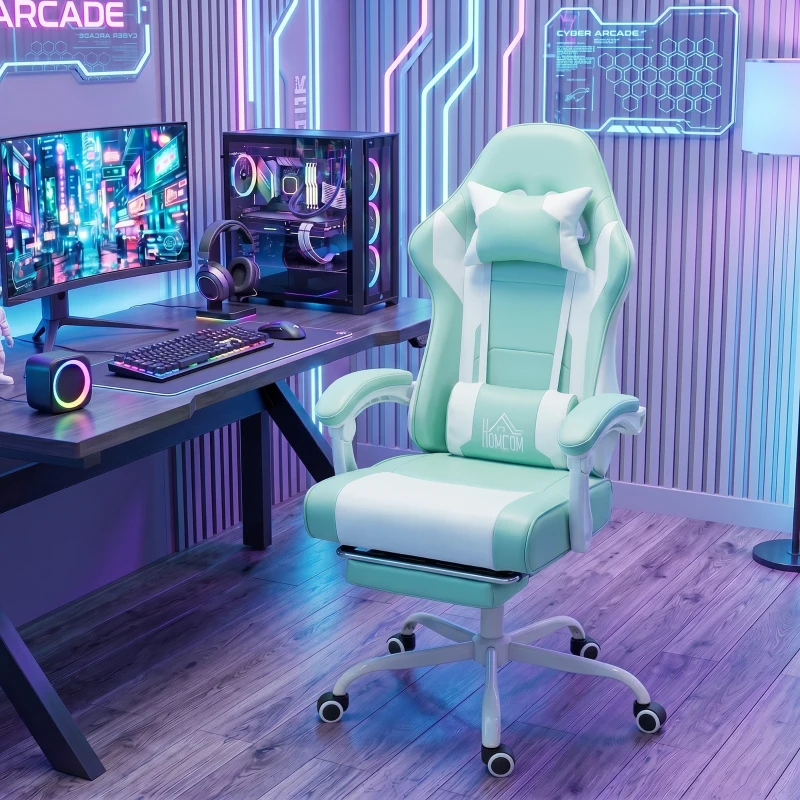 HOMCOM Silla Gamer con Lumbar Masaje Vibración Reclinable 155° Altura Ajustable Reposacabezas y Reposapiés Retráctil Azul