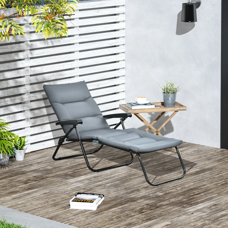Outsunny Bain de soleil pliable transat inclinable 6 positions avec matelas + accoudoirs acier polyester gris